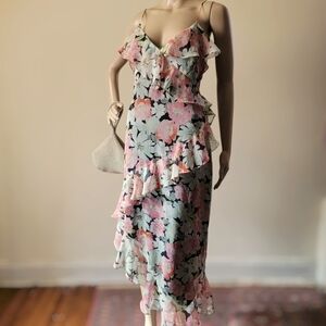 Zara Floral Ruffle Midi Dress XL Asymmetrical Hem